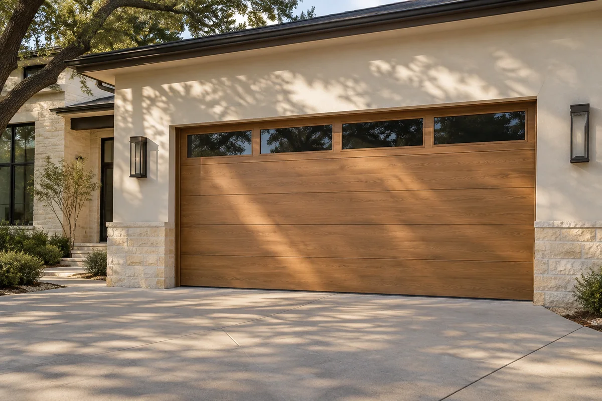 Natural wood garage door with high windows, shown as architectural inspiration