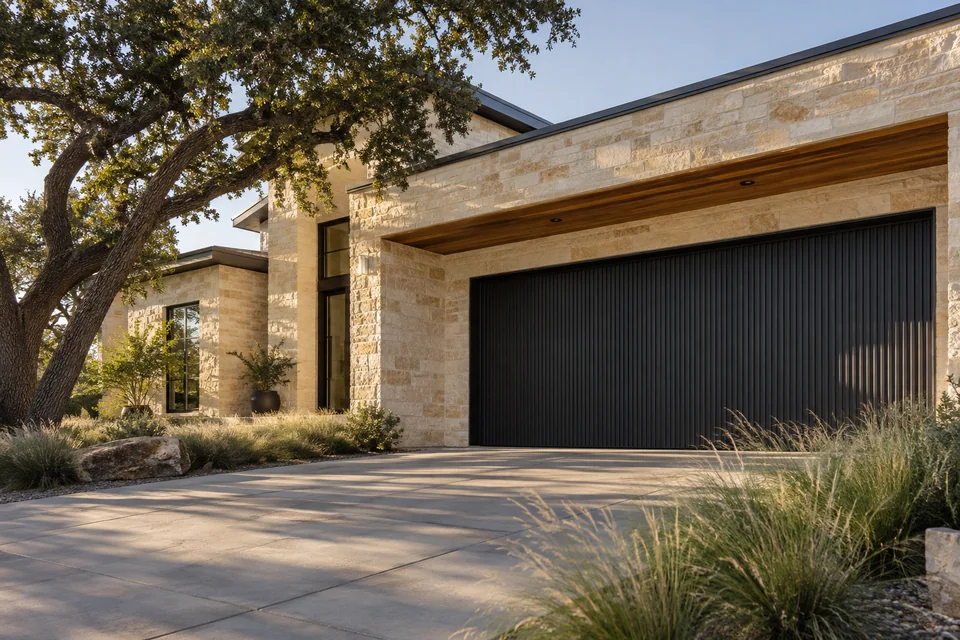 Charcoal garage door and limestone home, shown as architectural inspiration